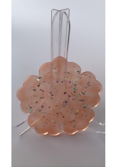 Turuncu Gümüş Glitterli Çiçek Desen Epoksi Bardak Altlığı Turuncu