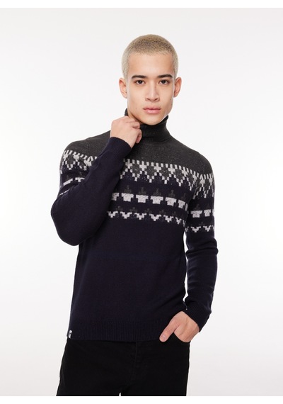 Fred Mello Erkek Lacivert Balıkçı Yaka Slim Fit Kazak Fm23w62md