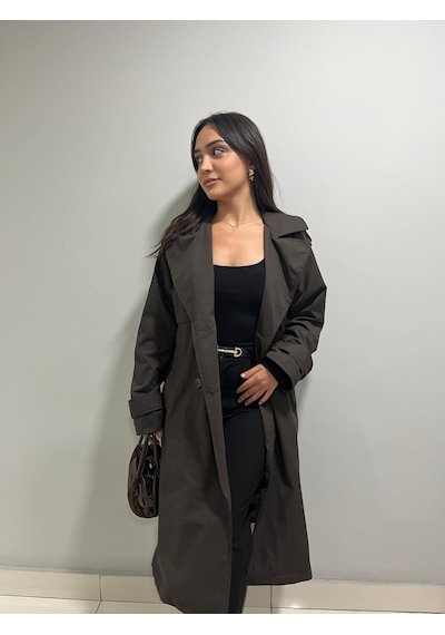 Kadın Kemerli Uzun Trençkot Su Geçirmez, Astarlı, Oversize Şık Model Kahverengi