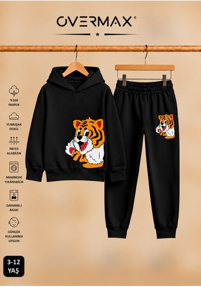 Overmax Yavru Kaplan Baskılı Çocuk Kapüşonlu Sweatshirt Takımı 3-12 Yaş Siyah Üst- Siyah Alt - 915657947 Siyah Üst- Siyah Alt