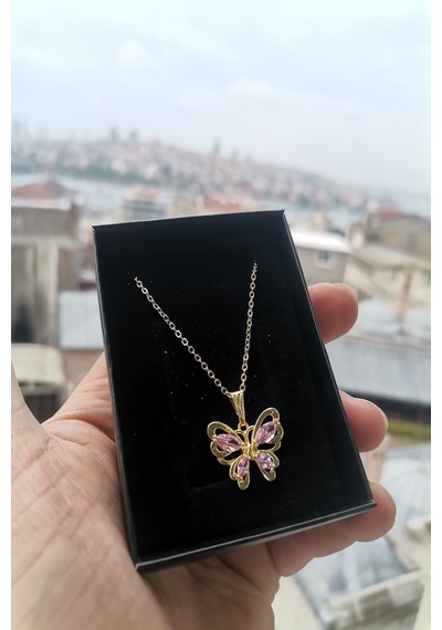 Ervanur Altın Kaplama Pembe Zirkon Taşlı Kelebek Kolye Altın