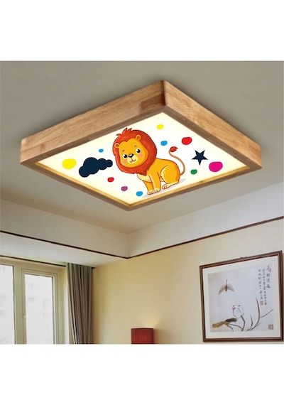 Ahşap Çerçeve Tavan Led Aydınlatma Avize 60X60Cm Aslan Beyaz