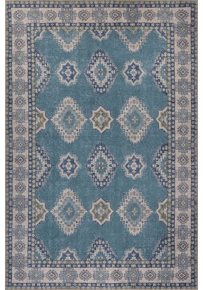 Artloop Folk Mavi Vintage Etnik Madalyonlu Klasik Desenli Dokuma Tabanlı Şönil Halı Al 615