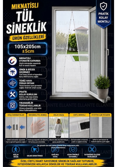 Mıknatıslı Tül Sineklik 105x205 Cm 5 Cm Kapı Sinekliği Otomatik Kapanan Manyetik Sistem Sinek V