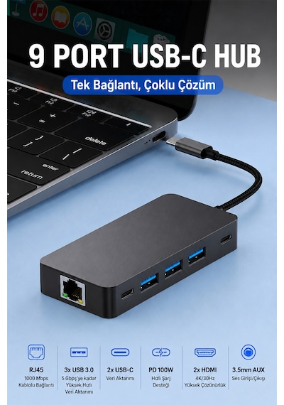 Justlink 9 Port Usb-c Hub Type-c Çoklayıcı Adaptör Çift Hdmı 4k 30hz Rj45 Gigabit Ethernet Pd 100w 3x Usb 3.0 Usb-c Veri 3.5mm Aux Alüminyum Gövde