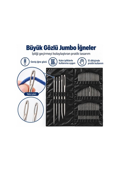 Store 55 Parça El Dikiş İğnesi Seti, Farklı Boylarda Büyük Gözlü İğneler, Deri, Nakış, Kanaviçe, Yorgan, Tamir Ve Hobi İçin