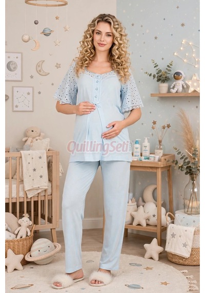 Lady Bebe Mavi Renkli Dantel Detaylı 33207 Kısa Kol 2 Parça Lohusa Hamile Pijama Takımı Açık Mavi