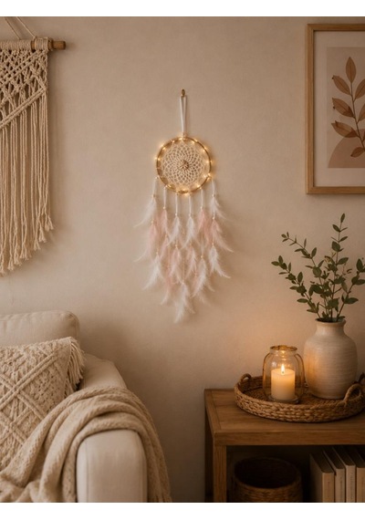 Led Işıklı Düş Kapanı Pudra Beyaz Tüylü Bohem Duvar Süsü 22 Cm El Yapımı Dream Catcher Deniz Kabuklu