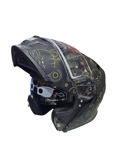 Çene Açılır Kask Ls5 Mat Siyah Kedi Grafikli Xl-4588 Mat Siyah Gold Sarı