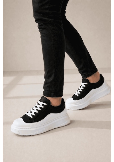 Mevese Ventoy Erkek Bağcıklı Cilt Günlük Sneaker Ayakkabı Siyah Beyaz