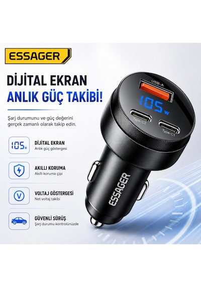 Essager 105w Araç İçi Hızlı Şarj Cihazı 3 Port 2 Type-c Usb Pd Dijital Ekranlı Çakmaklık Adaptörü