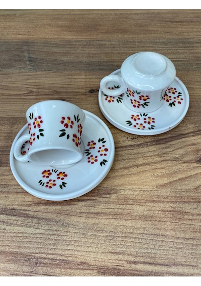 Kırmızı Çiçek Desenli El Yapımı Seramik Kupa, Mug, Türk Kahvesi