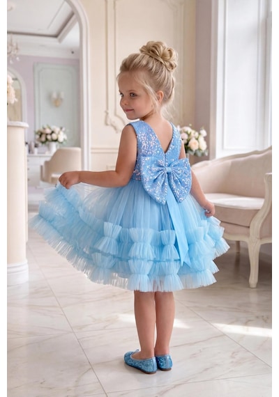 Butik Happy Kids Kız Çocuk Turkuaz Payetli Volanlı Tüllü Prenses Abiye Elbise 1-6 Yaş