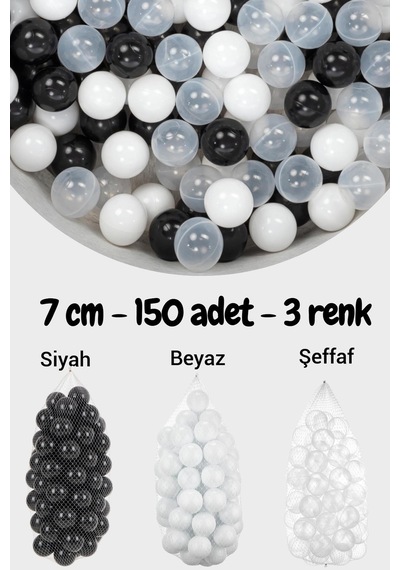 7 Cm Top Havuzu Topu 150 Adet Siyah, Şeffaf, Beyaz