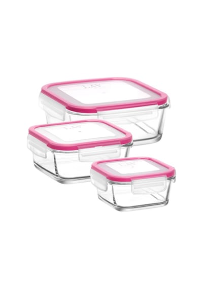 Lav Fresco Cam Saklama Kabı Seti 3'lü Pembe Kilitli Kapak (1 Küçük, 1 Orta, 1 Büyük Saklama Kabı)