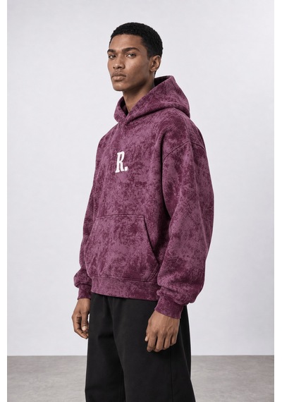 Respire Erkek Revere Nakışlı Yıkamalı Oversize Hoodie Bordo