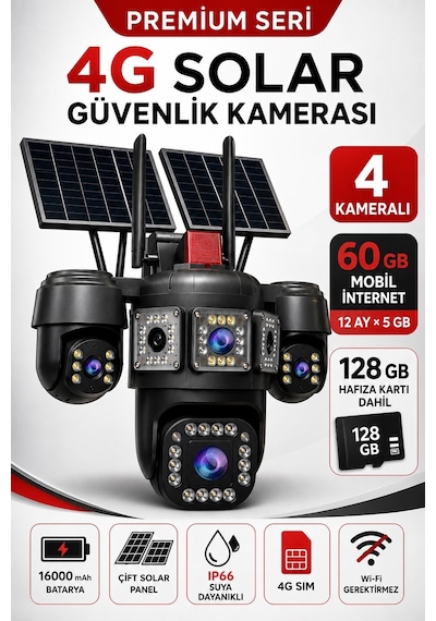 Esvision 7021 128gb 4 Kameralı 4g Çift Solar Panel 16x Zoom Dual Batarya Hieasy Aov Sürekli Kayıt Gece Görüş Çift Yönlü Ses 1 Yıl İnternet