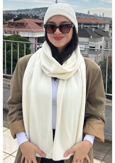 Mollycrush Kadın Kışlık Ekru Atkı Bere Seti Şık Örgü Set Ekru
