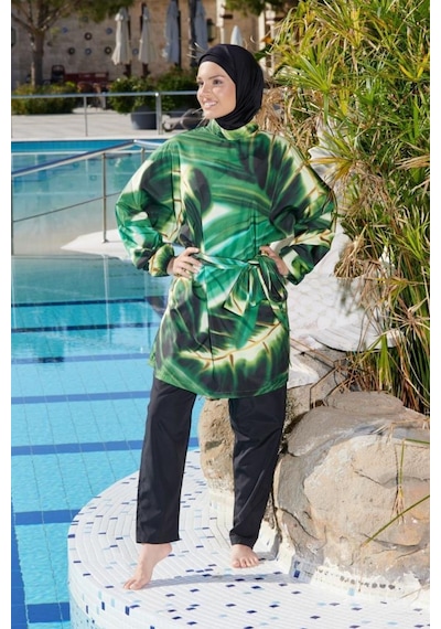 Estiva 26968 Siyah Emerald Flow Tam Kapalı Pantolonlu Kuşak Detaylı Tesettür Mayo