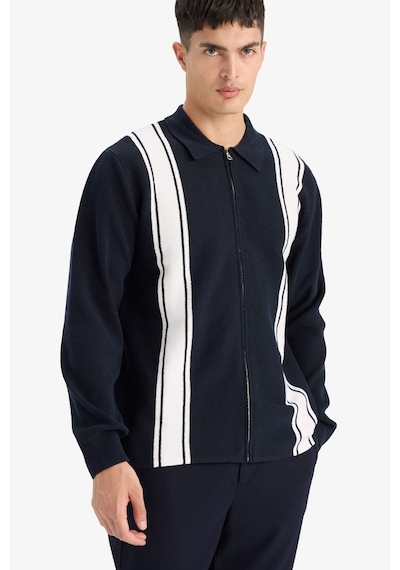 Defacto Standart Fit Polo Yaka Fermuarlı Çizgili Triko Hırka F4981ax25aunv64 Lacivert