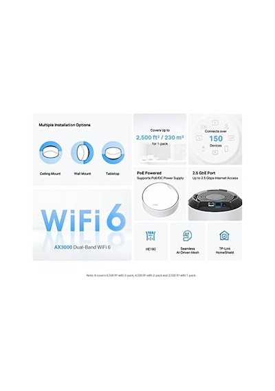 Deco X50-poe 1-pack, Ax3000 Mbps, Poe Destekli, Dual-band, 2,5gbps Ethernet Portu, 150 Cihaza Kadar Bağlantı, 230 M² 'ye Kadar Kapsama, Mobil Uygulama İle Kolay Kurulum, Wi-fi 6 Mesh Sistemi