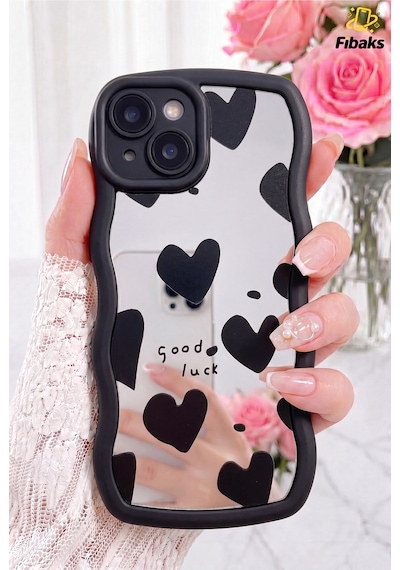 Fibaks iPhone 14 Plus/15 Plus Uyumlu Kılıf Aynalı Kalp Desenli Yumuşak Kenarlı Kamera Korumalı Silikon