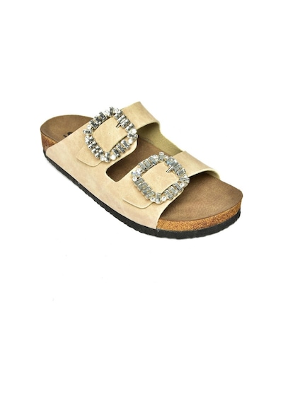 Fox Shoes K777604802 Bej Çift Tokalı Taşlı Kadın Terlik Bej