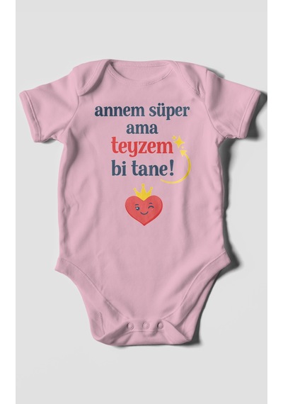 Morivokids Annem Süper Ama Teyzem Bi Tane Kısa Kollu Bebek Body %100 Pamuk Koyu Pembe