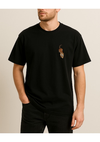 Etnik Kaplan Baskısı Tasarımlı T-shirt Siyah
