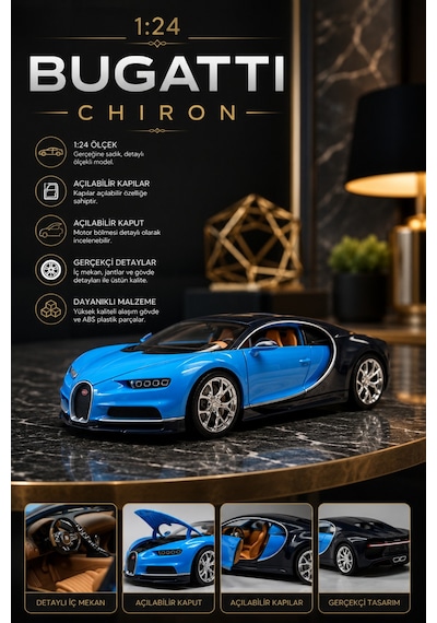 1:24 Chiron Mavi Metal Model Araba Diecast Açılabilir Kapı Çok Renkli
