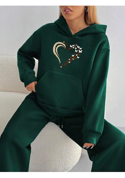Uyguntarz Unisex Leopar Kalp Desenli Baskılı Oversize Sweatshirt Yeşil