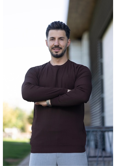 Hk Premium Erkek Fitilli Slim Fit Bisiklet Yaka Triko Kazak Kahverengi