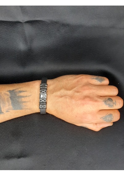 Unisex Suni Deri Metal Detaylı El Yapımı Bileklik Siyah