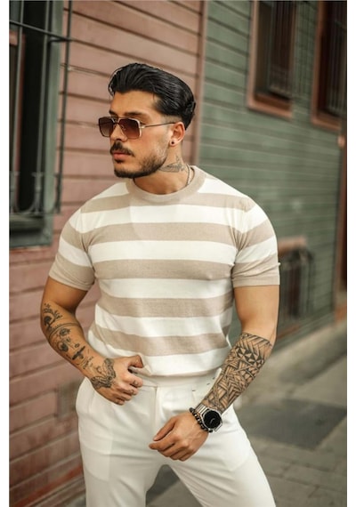 Erkek Yuvarlak Yaka Örme T-shirt Beyaz-vizon