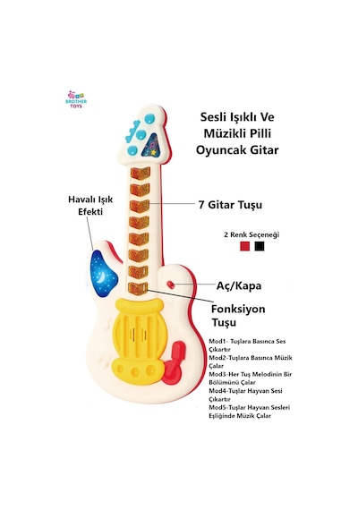 Işıklı Müzikli Sesli Oyuncak Gitar 5 Farklı Mod Hayvan Sesli 36 Cm.
