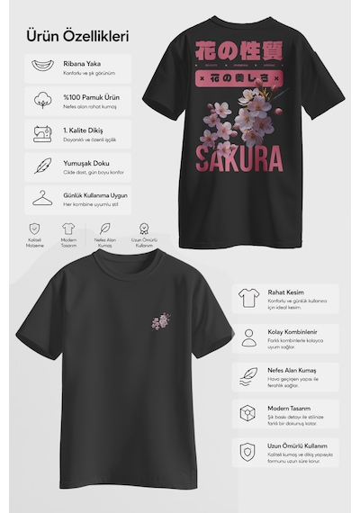 Spoyi Sakura Bloom Tasarımlı %100 Pamuk Yarım Oversize Siyah T-shirt