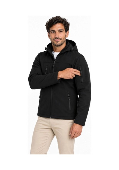 Barlashive Erkek Su Geçirmez Softshell İçi Polar Astarlı Çıkarılabilir Kapüşonlu 4 Cepli Mont Ceket - Siyah Çok Renkli