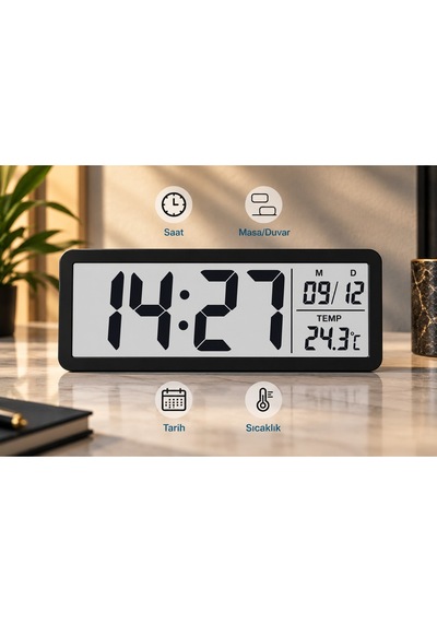 Kenly Dijital Masa Duvar Saati 20x8 Cm Büyük Lcd Ekran Tarih Sıcaklık Göstergeli Siyah