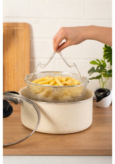 Porsima 4404 3 Parça Granit Kızartma Cips Tenceresi 22cm 2lt Krem