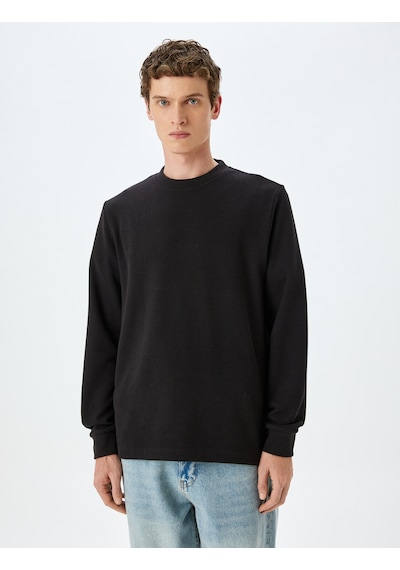 Koton Pamuk Karışımlı Dokulu Basic Bisiklet Yaka Sweatshirt Siyah 5wam70247mk Siyah