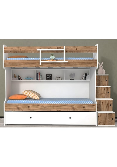 Napoli Yavrulu Seyyar Merdivenli Ranza Çam Beyaz M2 90 X 190 Cm