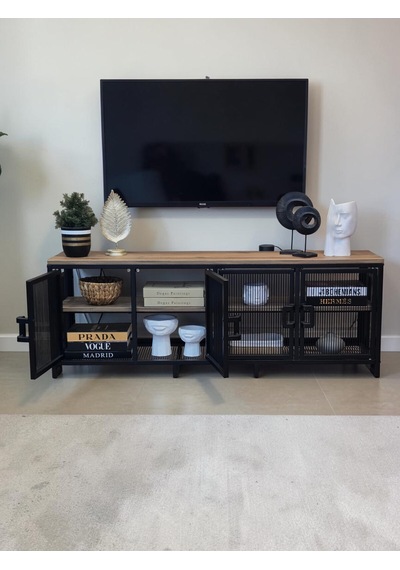 Dekoratif Metal Gövdeli Ahşap Raflı Tv Ünitesi 3 Raflı 4 Kapaklı Tv Sehpası 150 X 36 Cm Televizyon Ünitesi Siyah