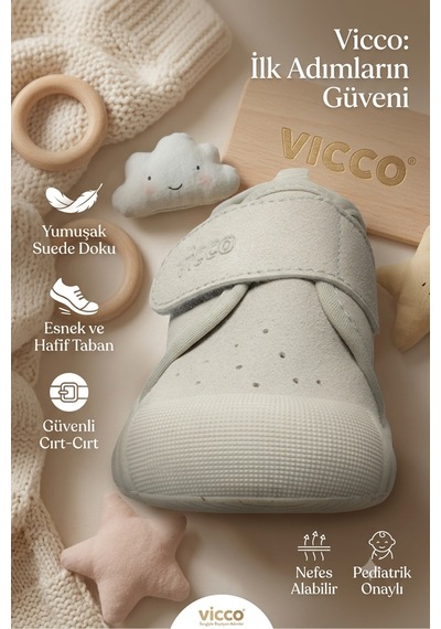 Vicco Ortopedik İç Astar Çıkıntılı Pudra Kız Bebek İlk Adım Ayakkabbısı Ortopedik Hafif Esnek Gri
