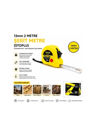 Rodı Measuring Tape 2m X 13mm Şerit Metre Stoplu Otomatik Kilit- 36'li Paket Diger