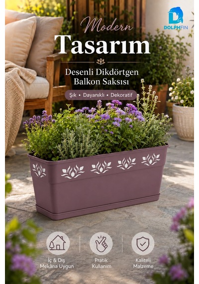 Desenli Dikdörtgen Balkon Saksısı 30x16,5x14,5 Cm Tabaklı Plastik Çiçek Saksısı Mürdüm