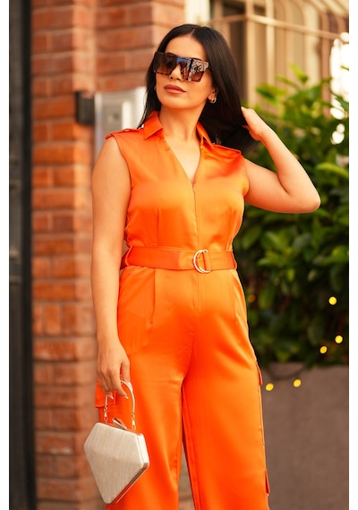 Canım Kendim Store Turuncu Kuşaklı Saten Tulum Turuncu