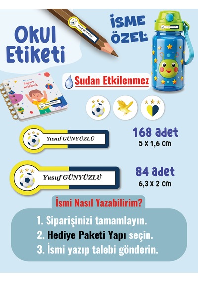 Okul Etiketi Kalem Defter Etiketi Sarı Lacivert Takım Temalı Özel İsim Yazılabilen Etiket - 252adet