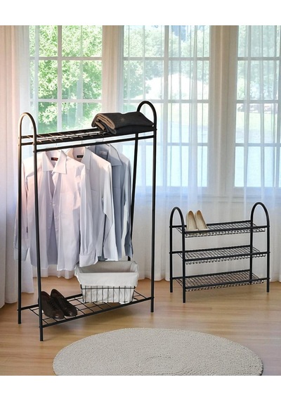 Metal Siyah Elbise Askılığı Ve Ayakkabılık 2 Li Set Siyah