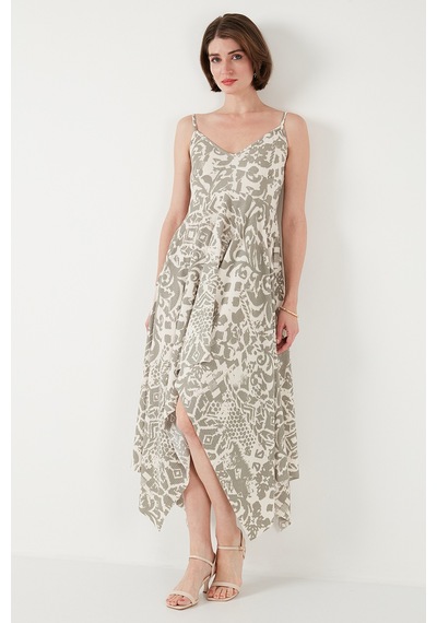 Lela Desenli Asimetrik Kesim Regular Fit Midi Boy Askılı Bayan Elbise 5866126 Olive