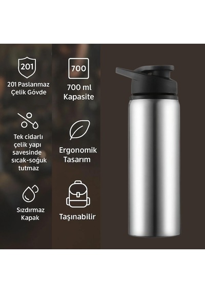 Perlotus 700 Ml Çelik Sporcu Matara Sıcak-soğuk Tutmaz Askı Kapaklı Suluk Gri